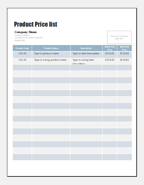 MS Excel Product Price List Templates