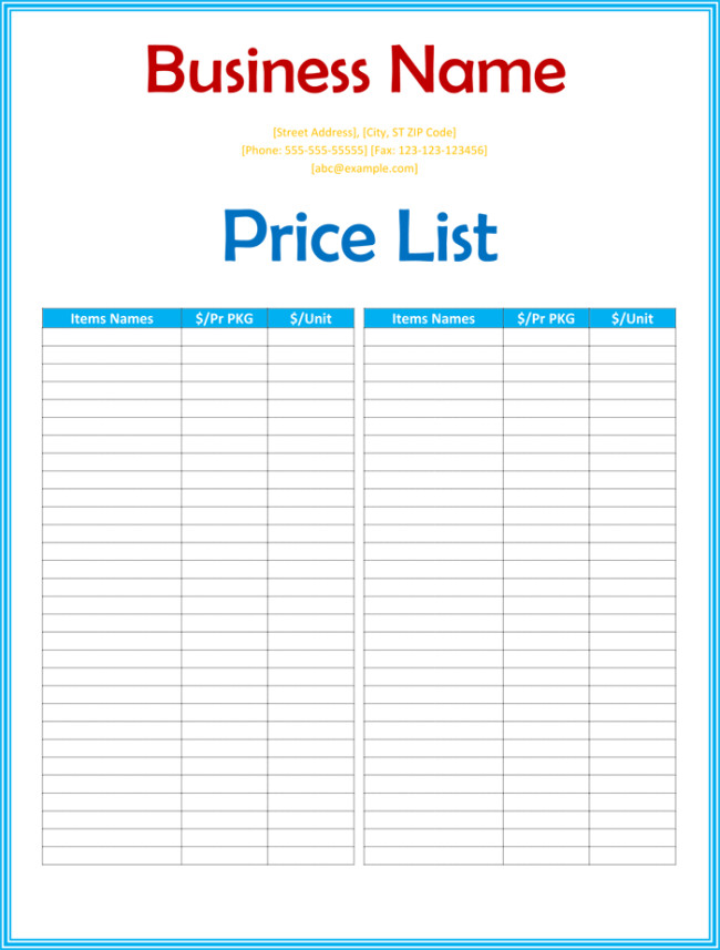 Price List Template 6 Price Lists for Word and Excel
