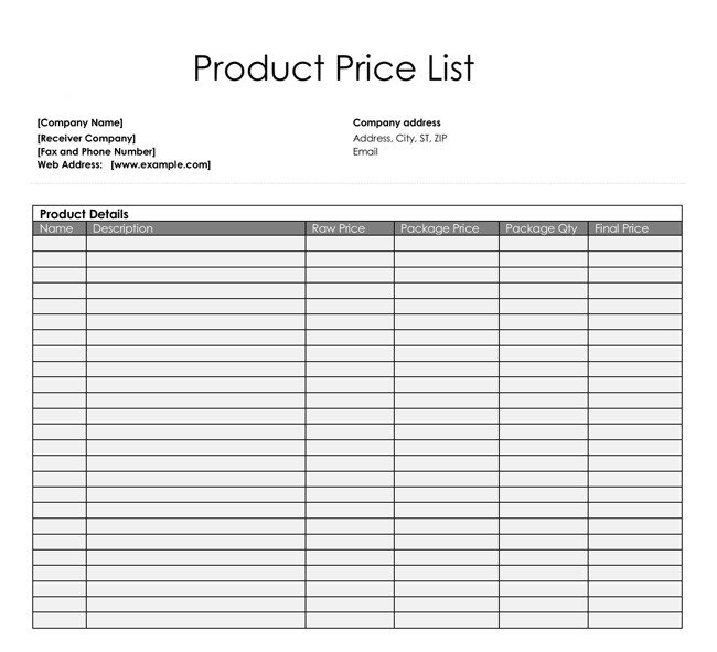 Price List Templates Free Samples and Formats for Excel