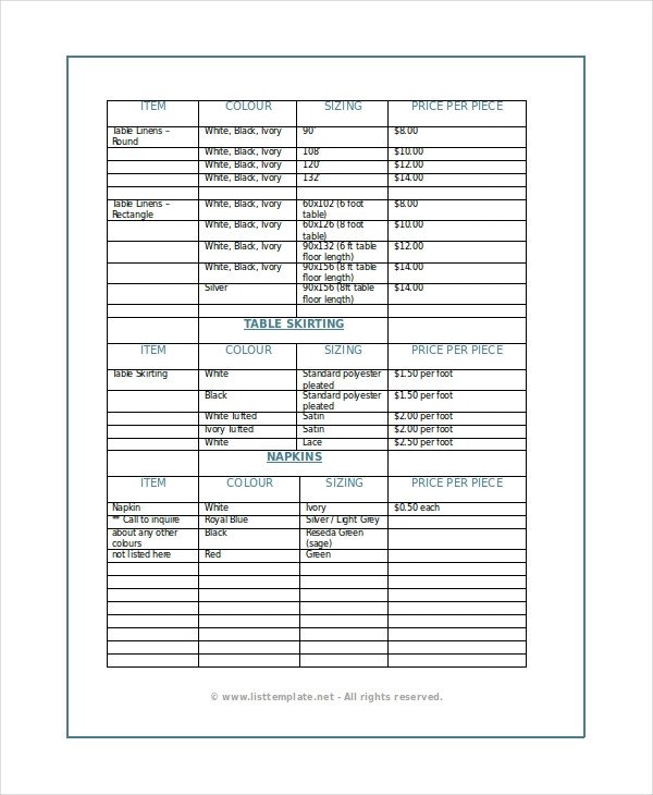Product List Template 6 Free Word PDF Document