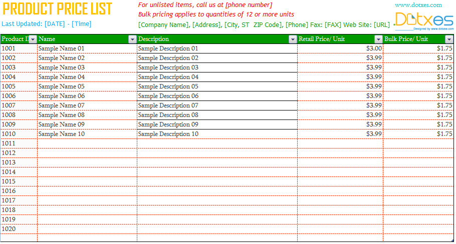 Product price list template Dotxes