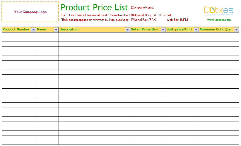 Product Price List Template Standard Dotxes