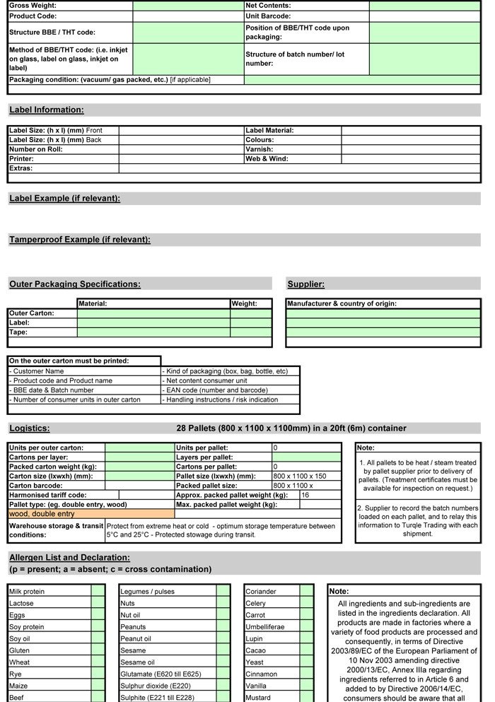Wallet trim and must print a Specification Sheet Template