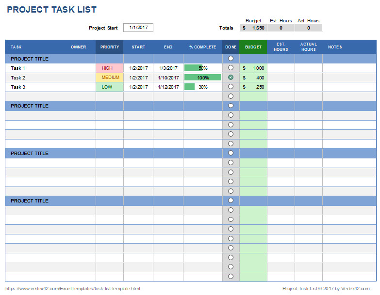 Download the Project Task List Template from Vertex42