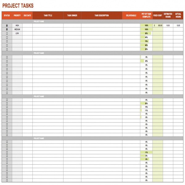project management task list template