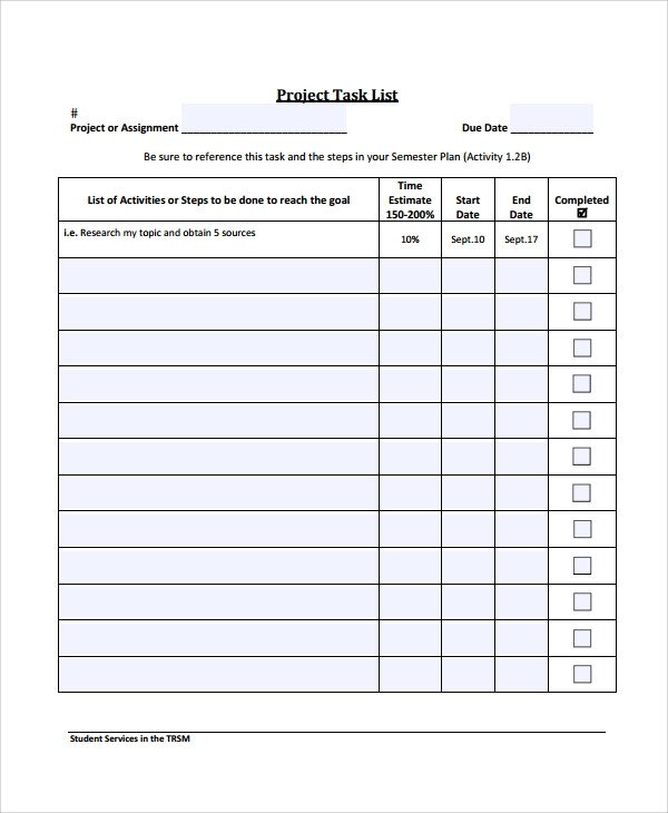 Sample Project Task List Templates 7 Free Documents