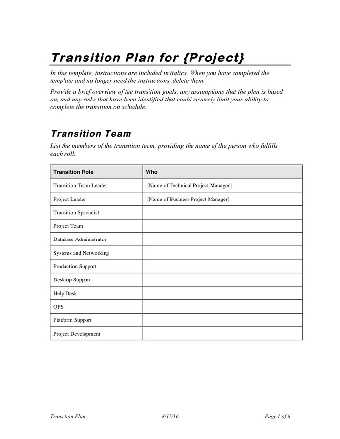 Project transition plan template in Word and Pdf formats