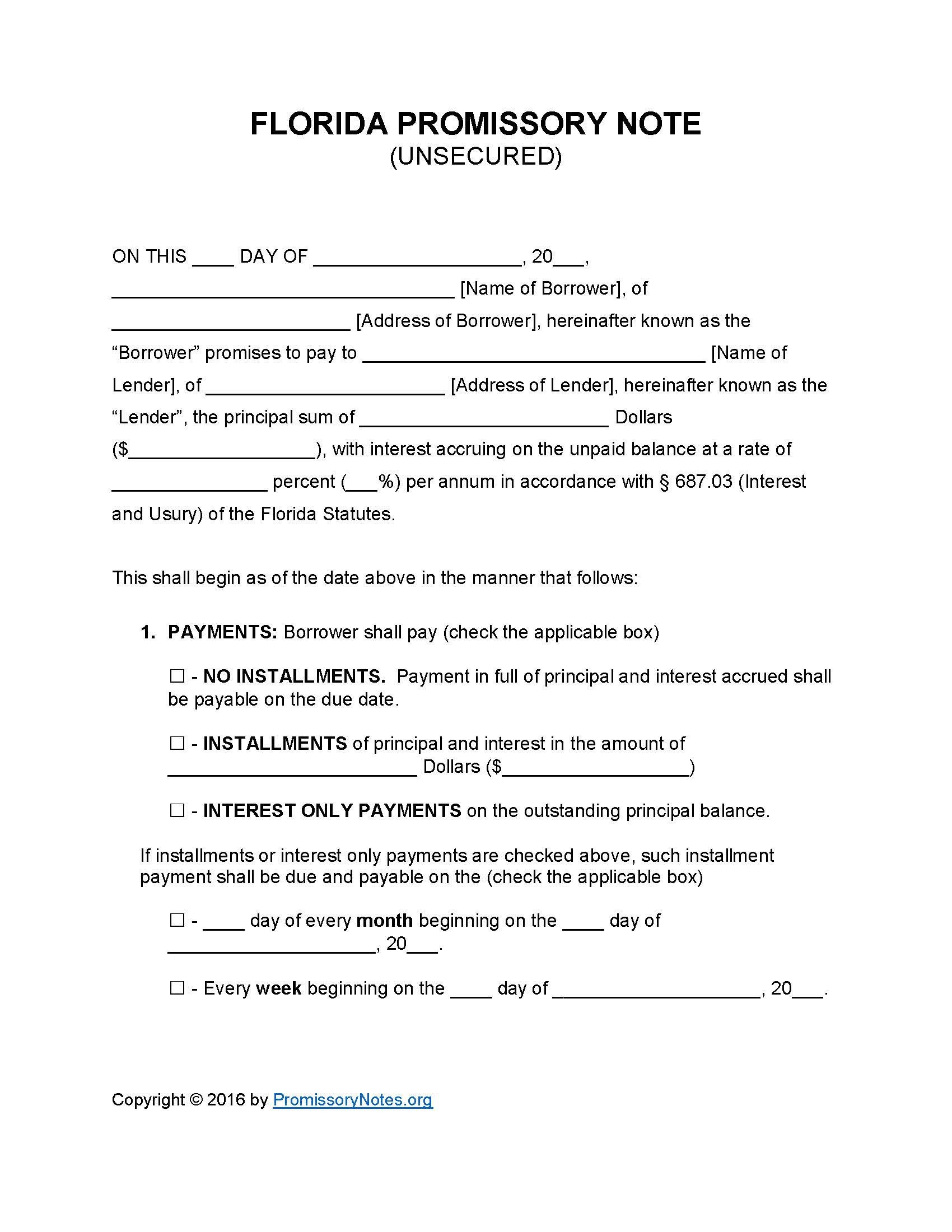 Florida Unsecured Promissory Note Template Promissory