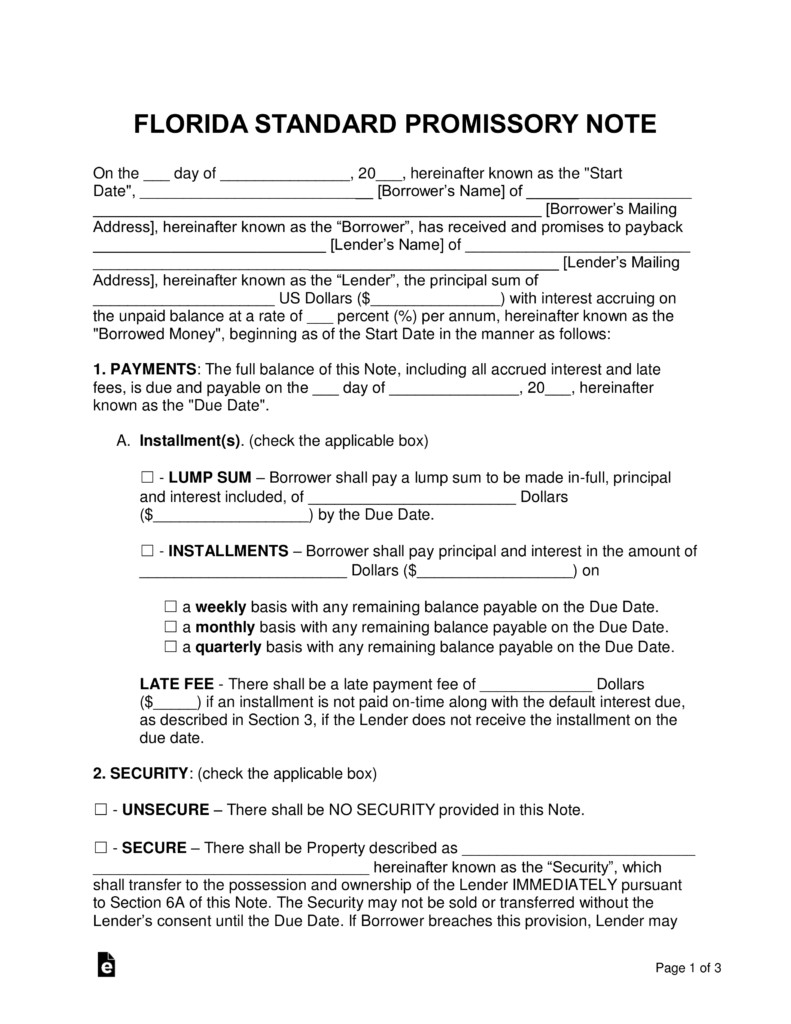 Free Florida Promissory Note Templates Word