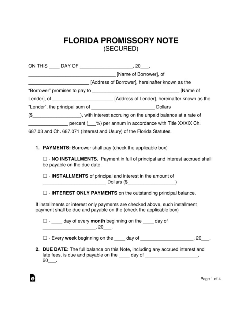 Free Florida Secured Promissory Note Template Word