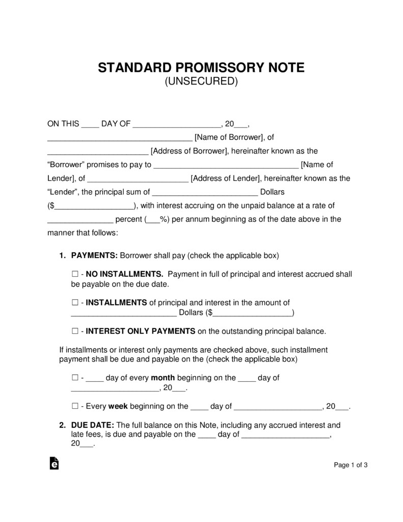 Free Unsecured Promissory Note Template Word