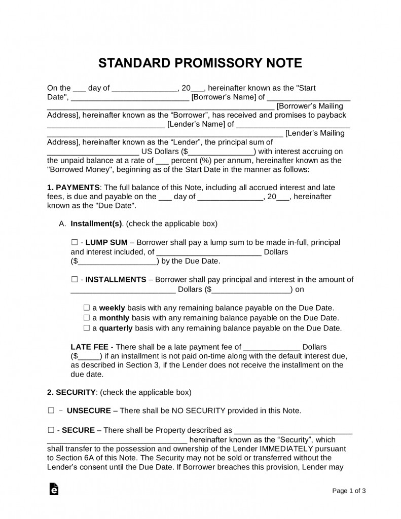 Free Promissory Note Templates PDF Word