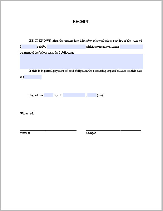 Cash Payment Receipt Template Free Fillable PDF Forms