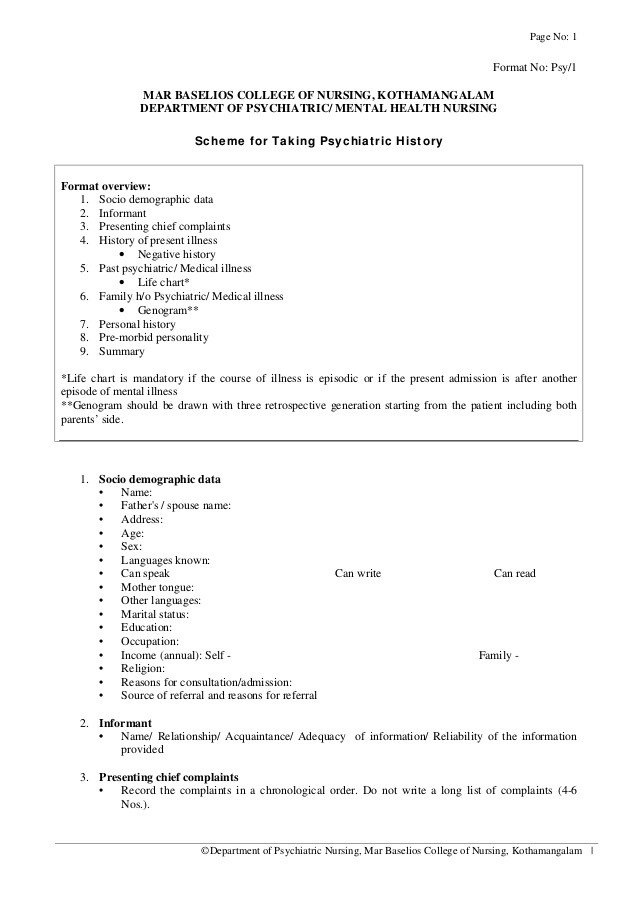 History collection format in psychiatric Nursing Courtesy