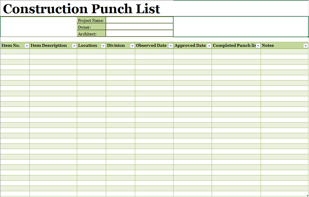 15 Free Construction Punch List Templates MS fice