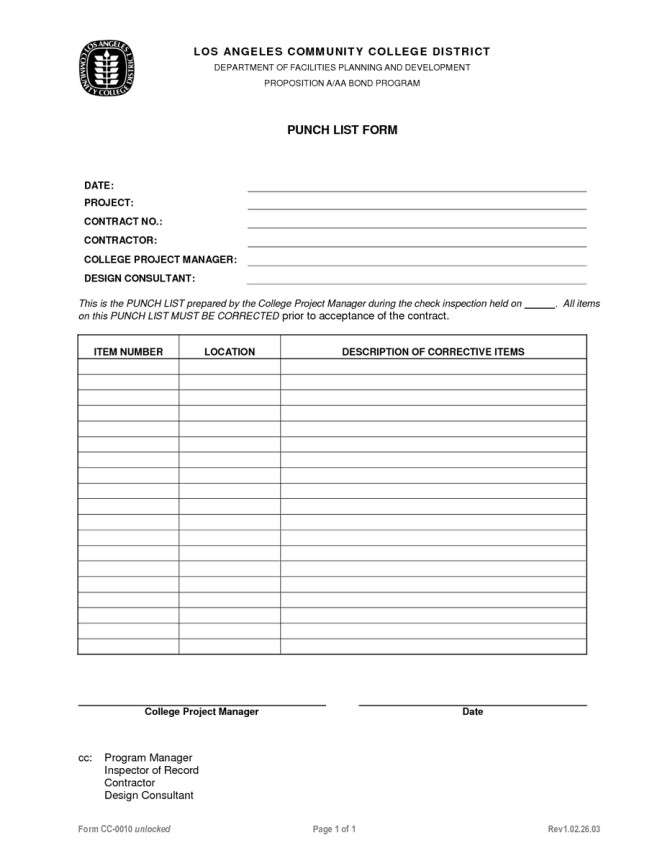 Punch list template Word Excel PDF Formats