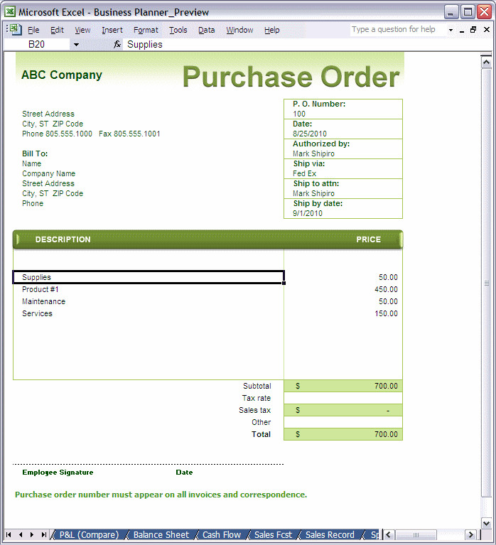 Excel Business Planner Purchase Order Template