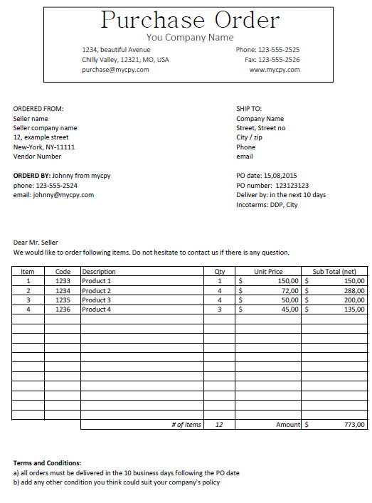 Excel Template Free Purchase Order Template for