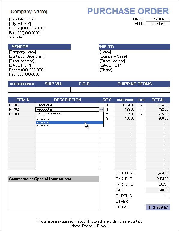 Free Purchase Order Template with Price List