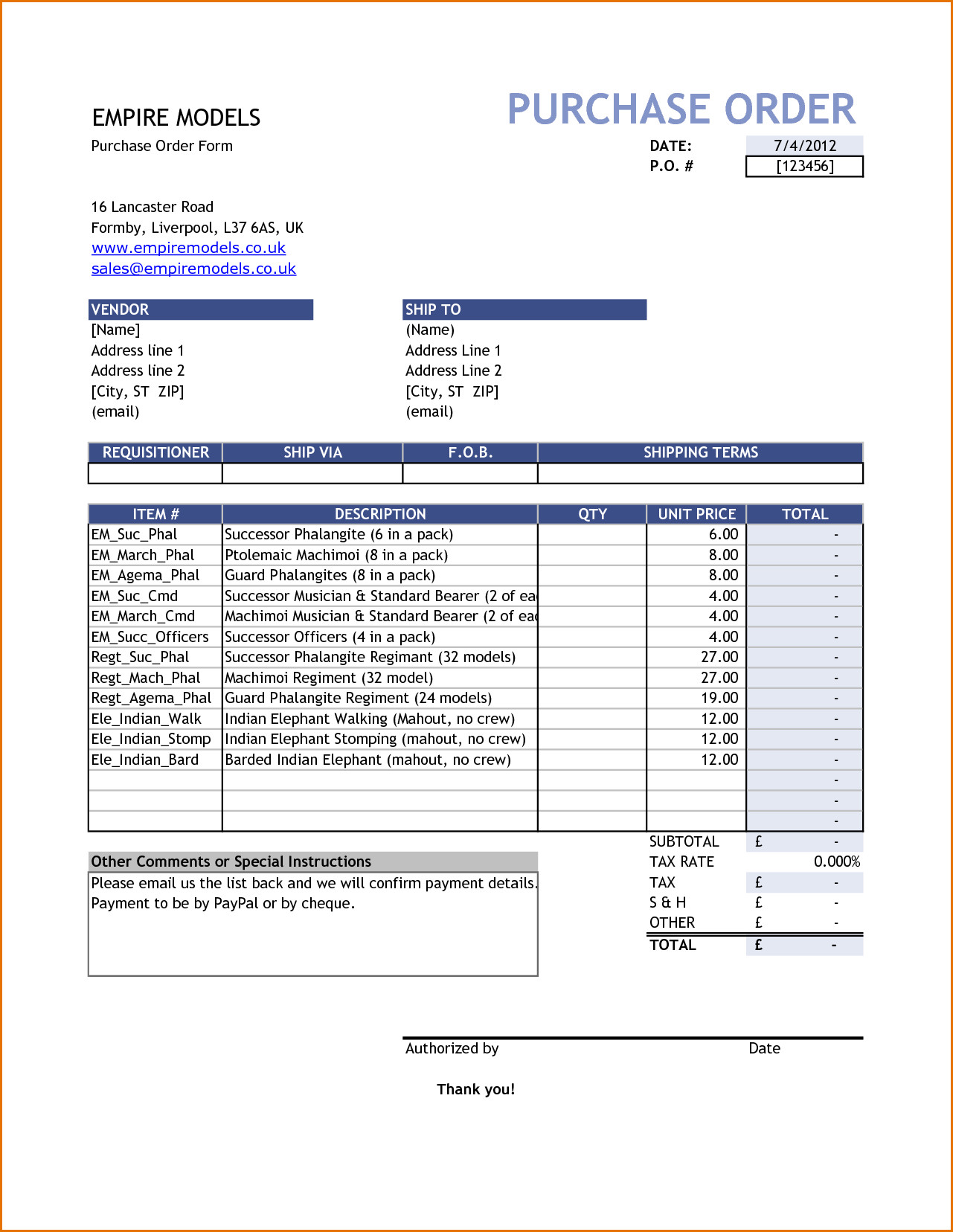 Purchase Order Template Free Purchase Order Template