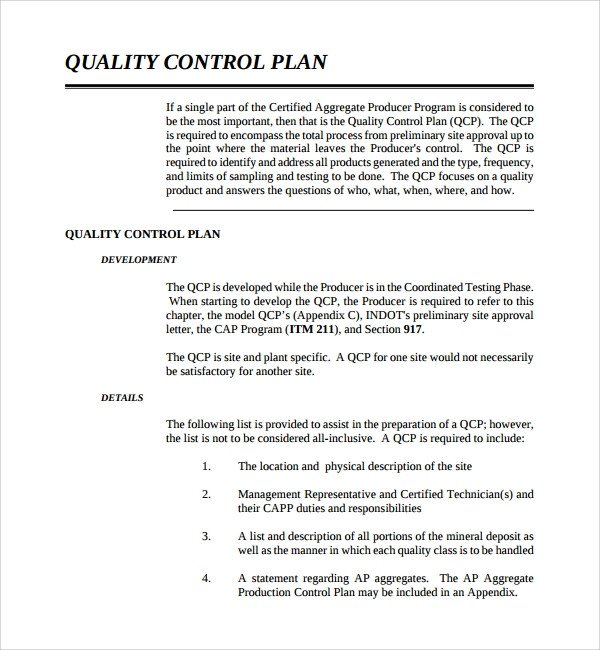 Sample Quality Control Plan Template 10 Free Documents