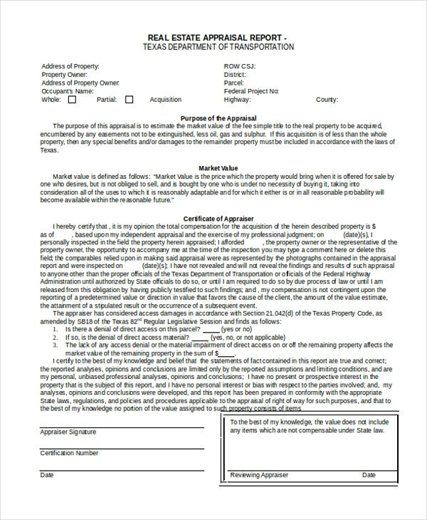 Sample Real Estate Appraisal Form 7 Free Documents in