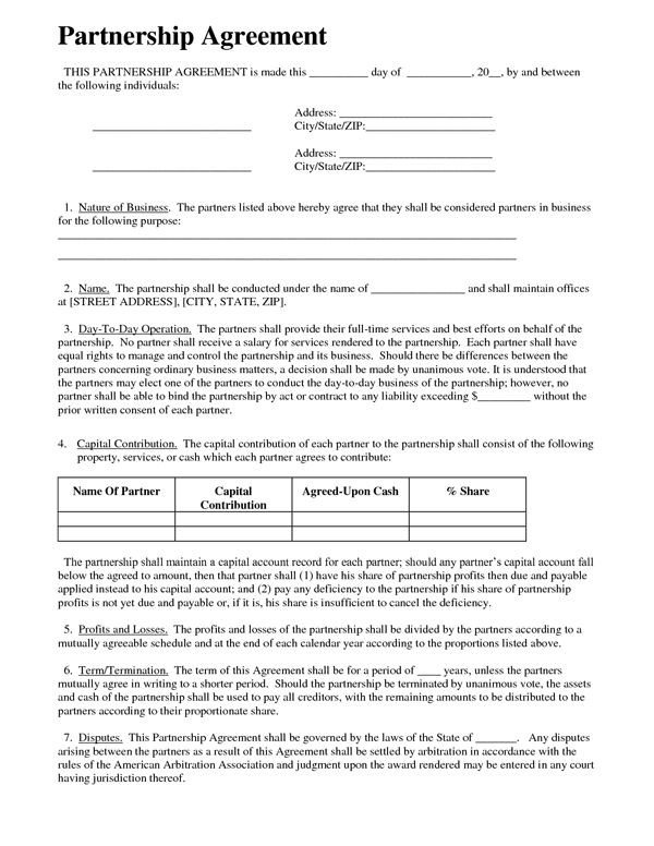 Printable Sample Partnership Agreement Sample Form