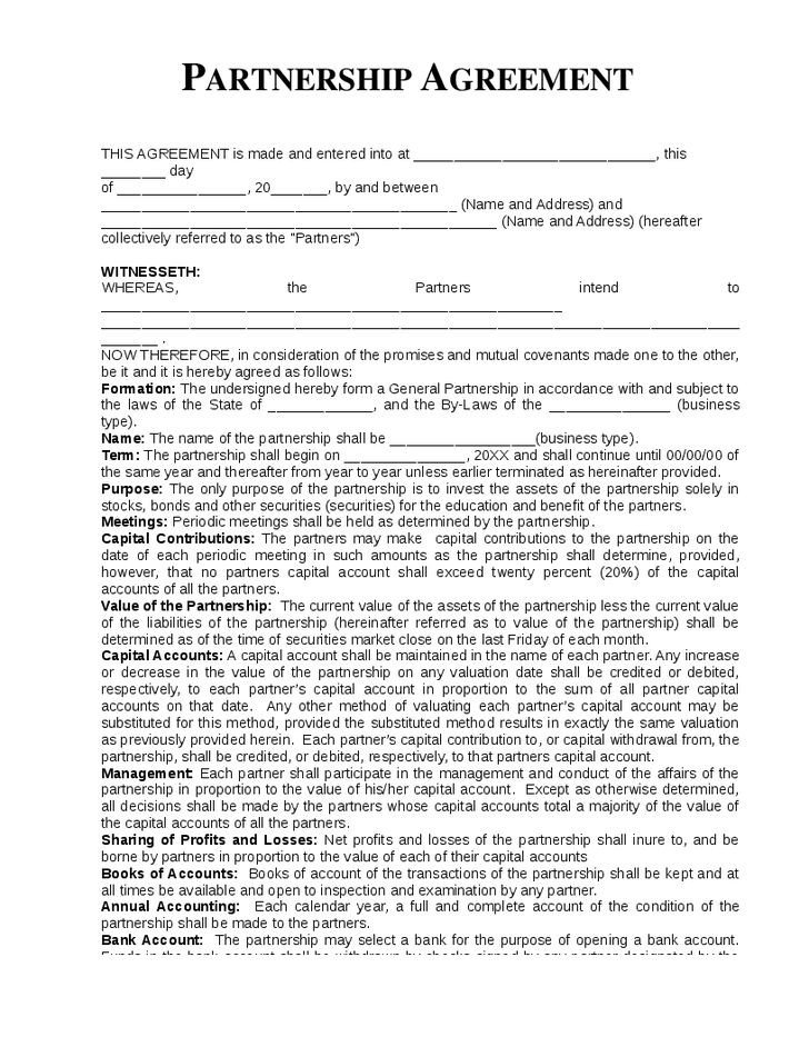 Printable Sample Partnership Agreement Template Form
