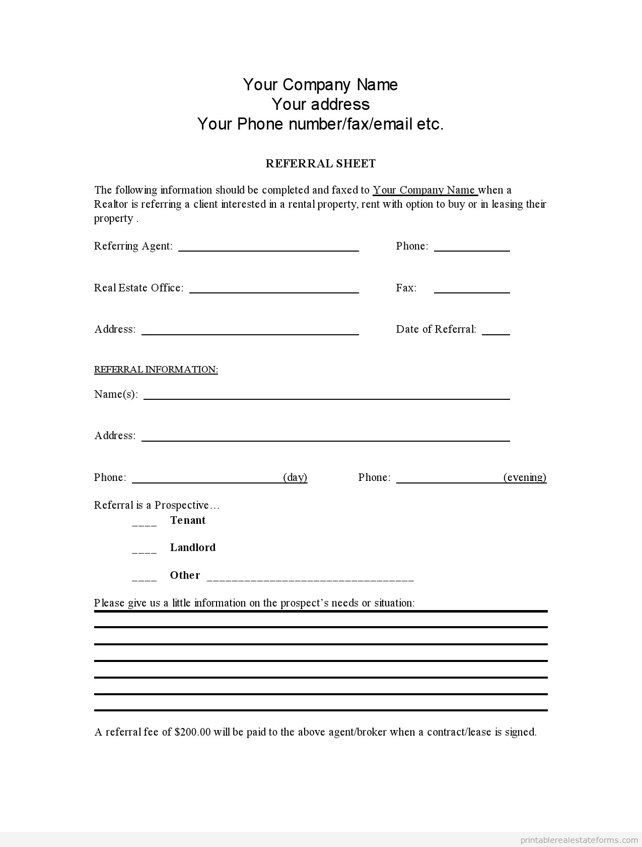 Free Printable Real Estate Referral Form Template PDF