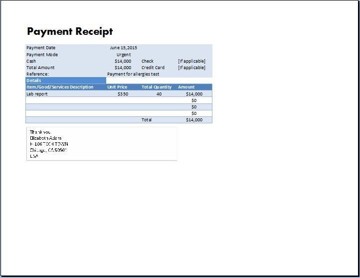 MS Excel Payment Receipt Template