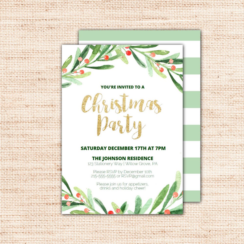 Holly Wreath Printable Christmas Party Invitation Template
