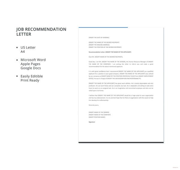 10 Employee Re mendation Letter Template 10 Free