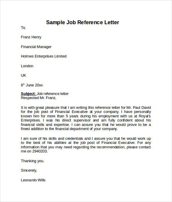 Job Reference Letter 7 Free Samples Examples & Formats