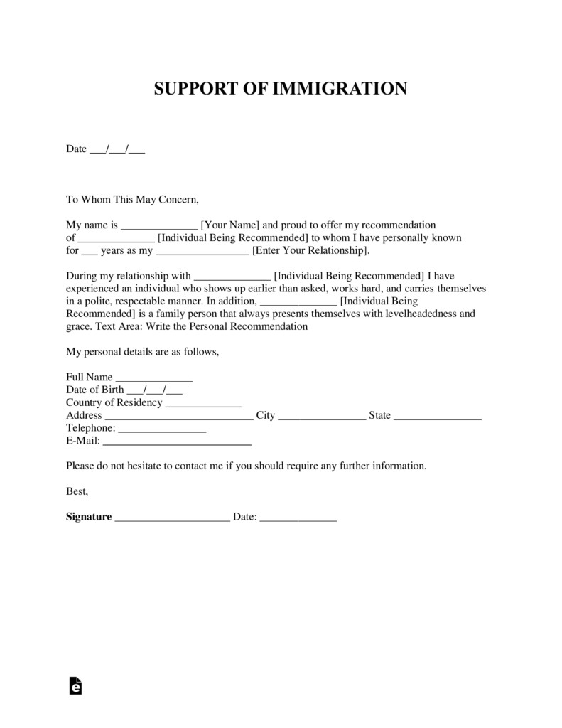 Free Character Reference Letter for Immigration Template