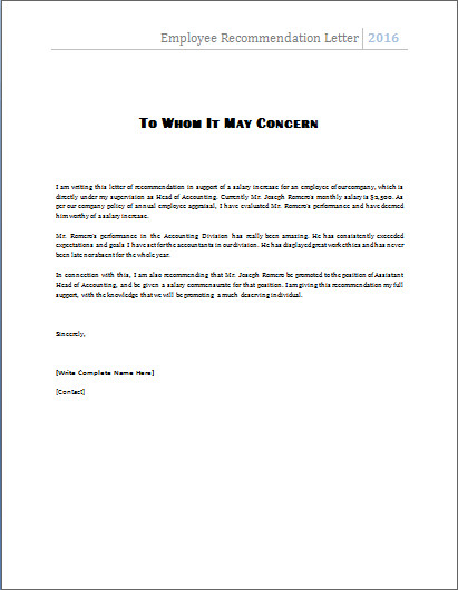 MS Word Employee Re mendation Letter Template