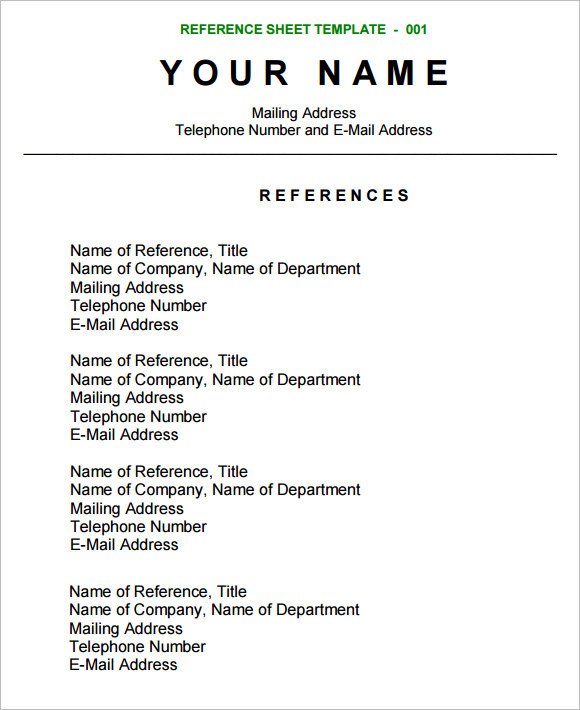 Sample Reference Sheet 12 Examples Format