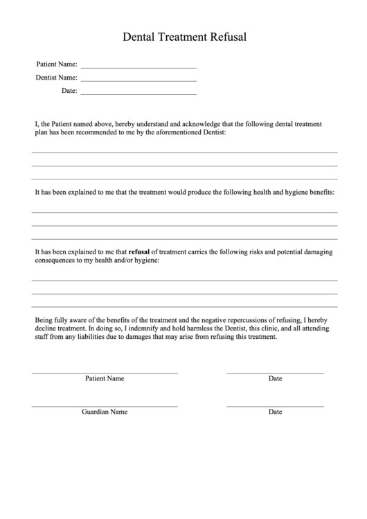 Refusal Dental Treatment Form printable pdf
