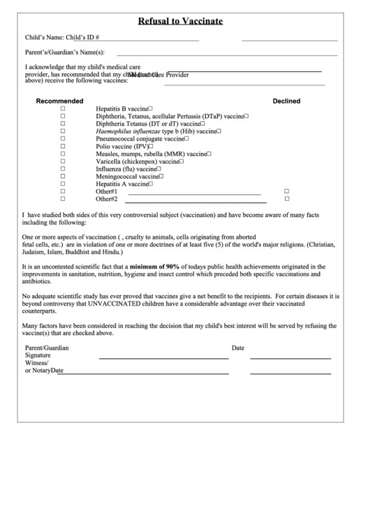 Refusal To Vaccinate printable pdf