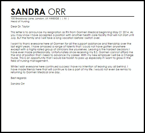 RN Resignation Letter Example