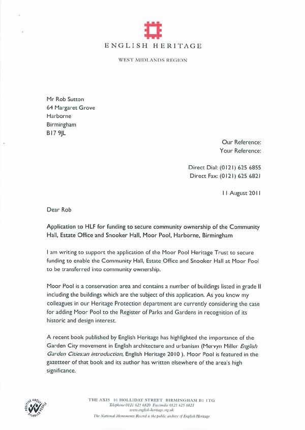 Letters of Support Moor Pool Heritage Trust