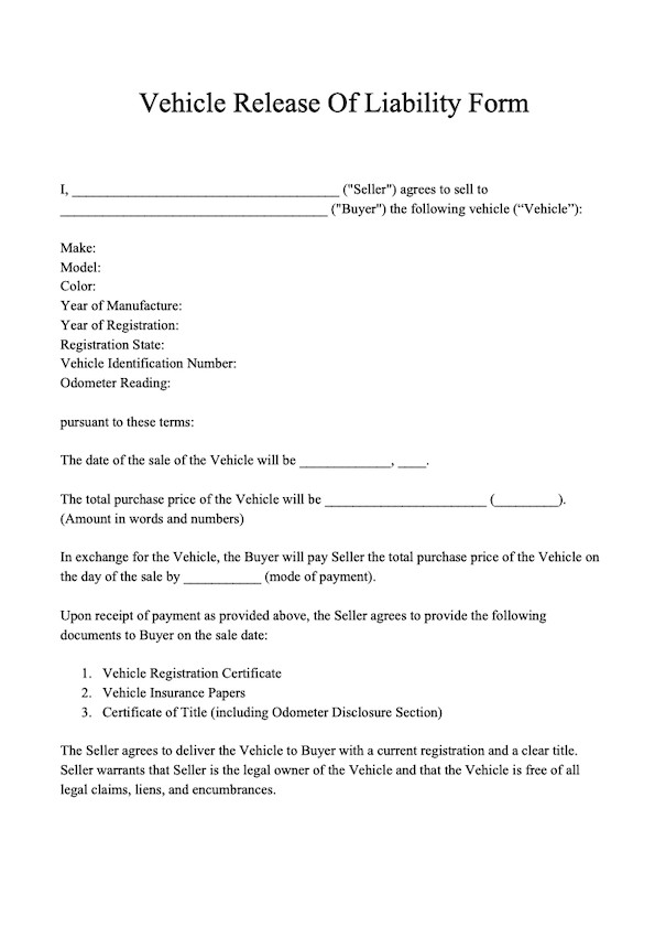 Free Release of Liability Form Template