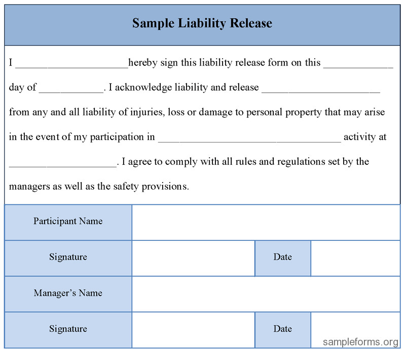 Printable Sample Liability Release Form Template Form