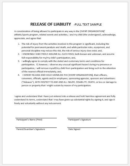 Release of Liability Form Sample Templates