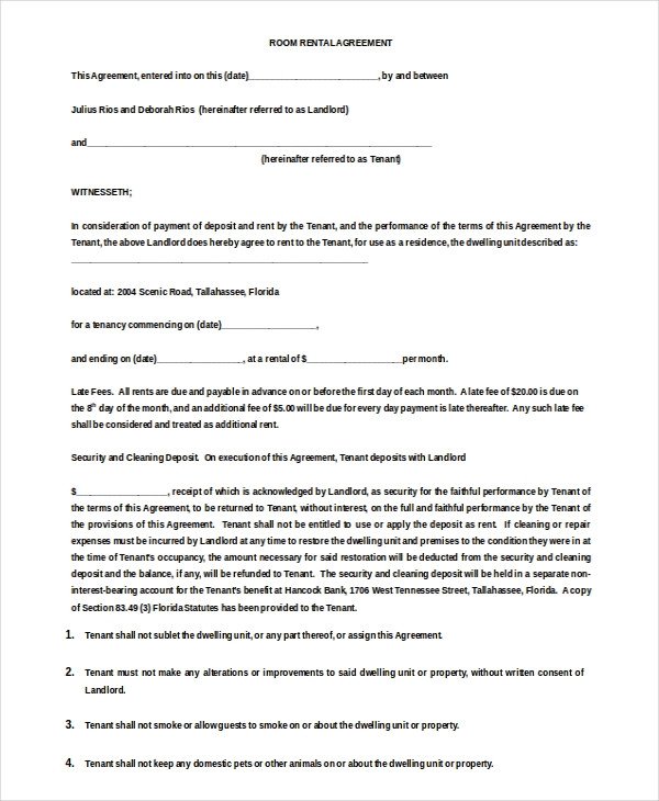 Room Rental Agreement Template 12 Free Word PDF Free