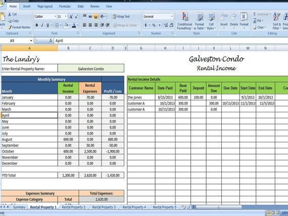 Landlords Spreadsheet Template Rent and Expenses