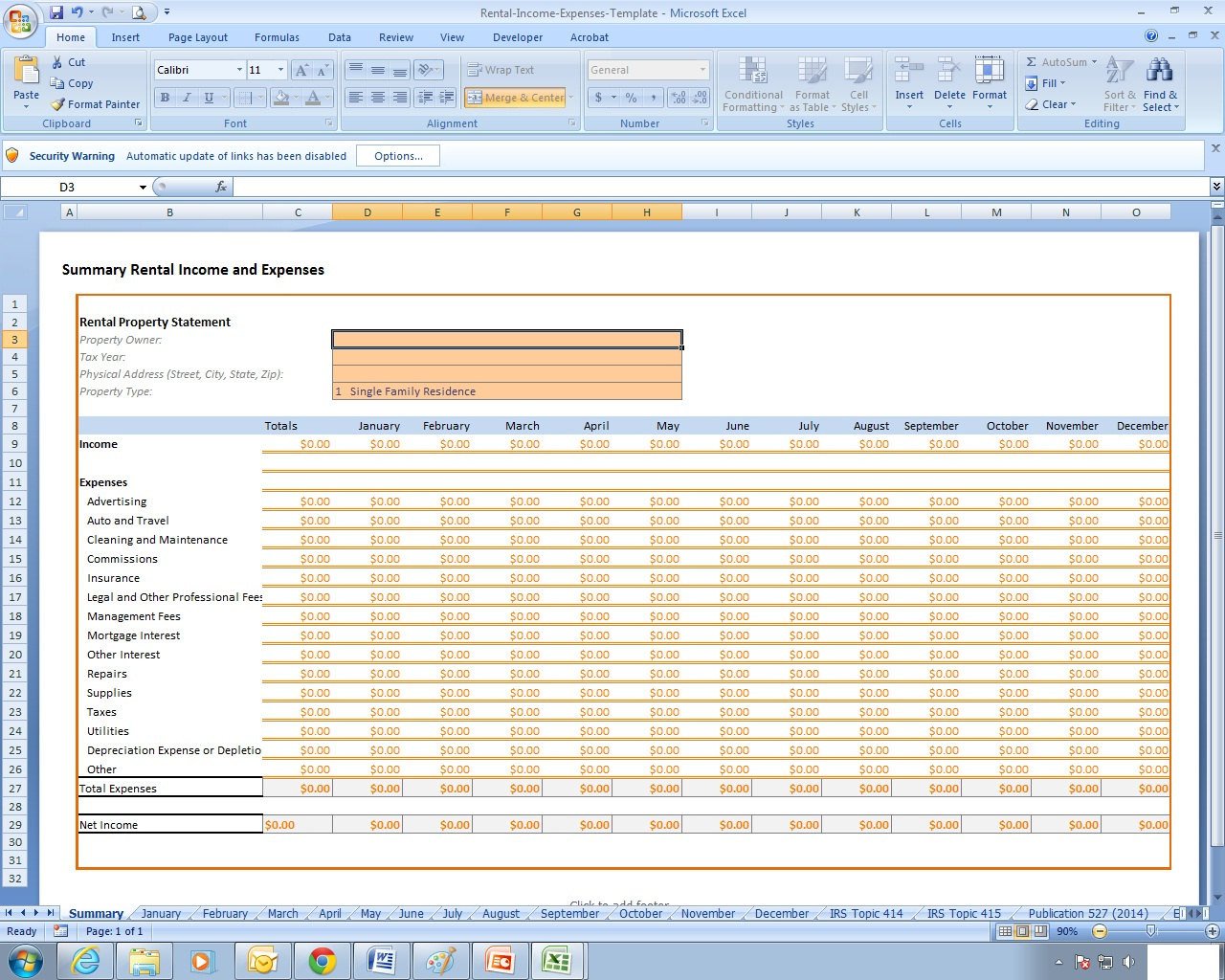 Rental In e and Expenses Excel Spreadsheet Template