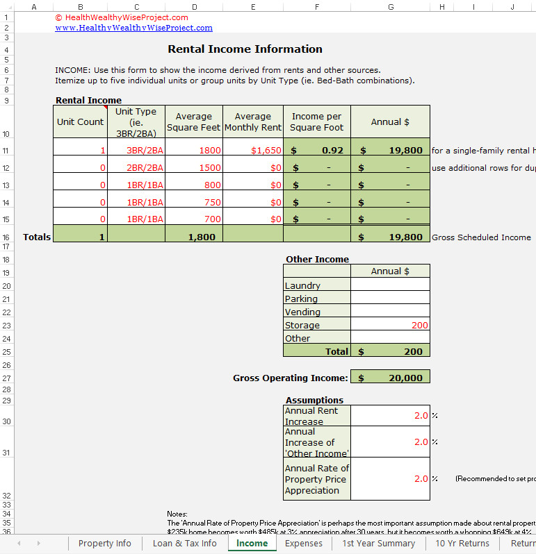 Rental In e Property Analysis Excel Spreadsheet