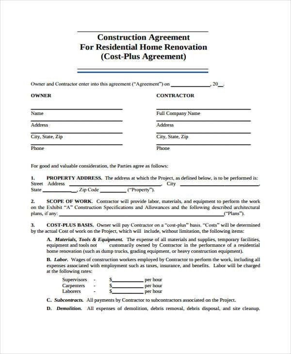 9 Construction Agreement Form Samples Free Sample
