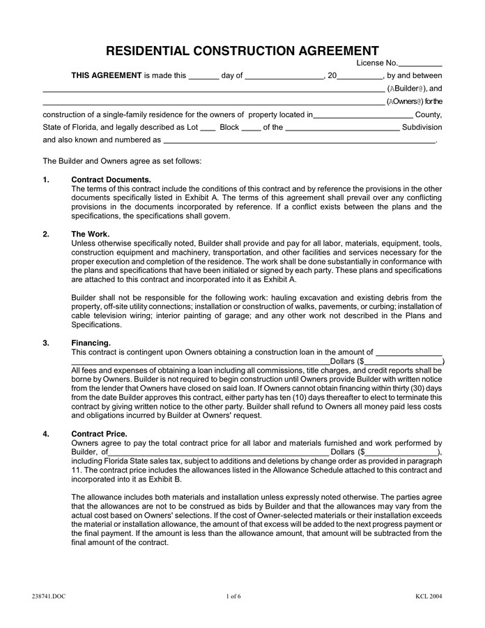 RESIDENTIAL CONSTRUCTION AGREEMENT in Word and Pdf formats