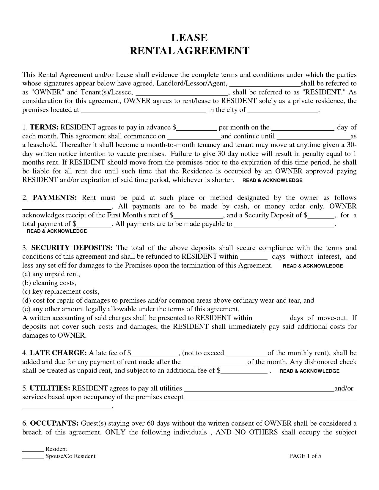 Printable Sample Residential Lease Form